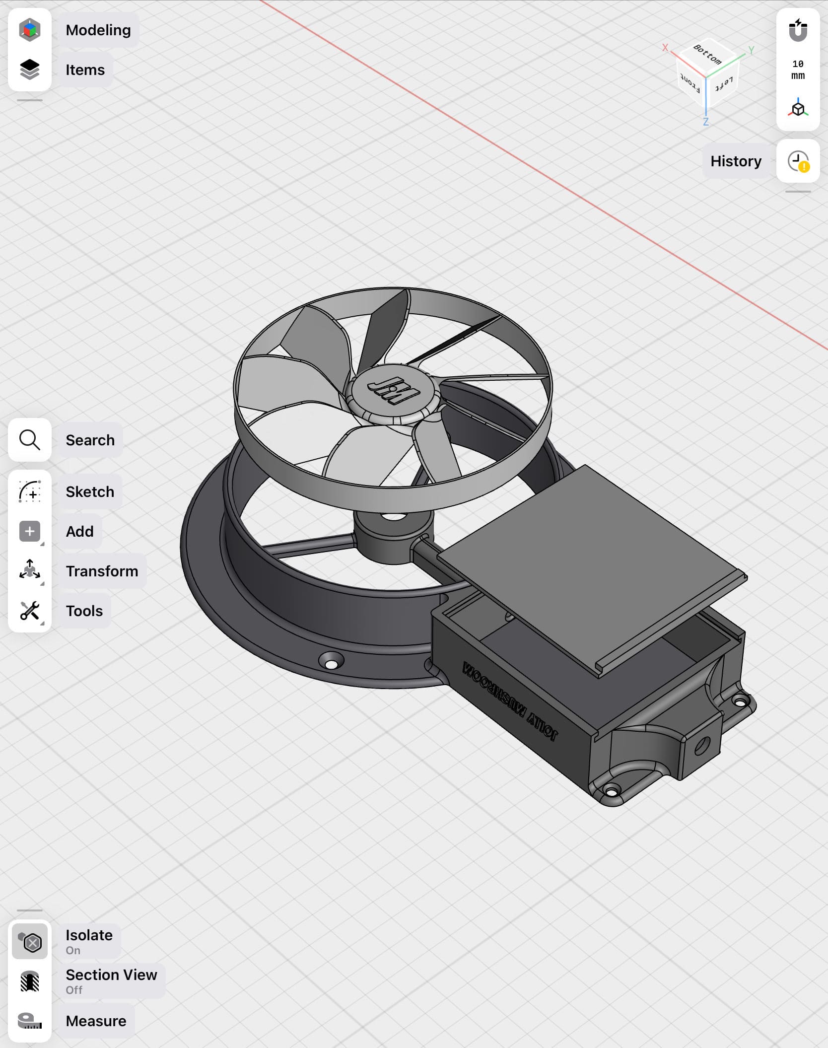 CAD model of a fan and motor housing assembly