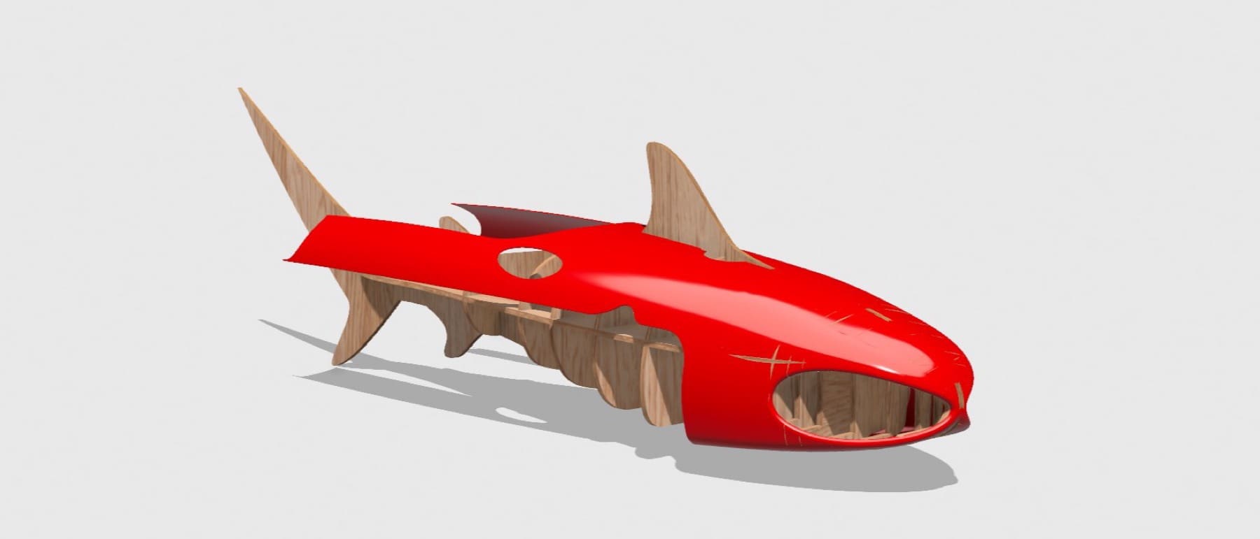 CAD render of the Turbo Dolphin sculpture pattern, wooden buck with red painted shell