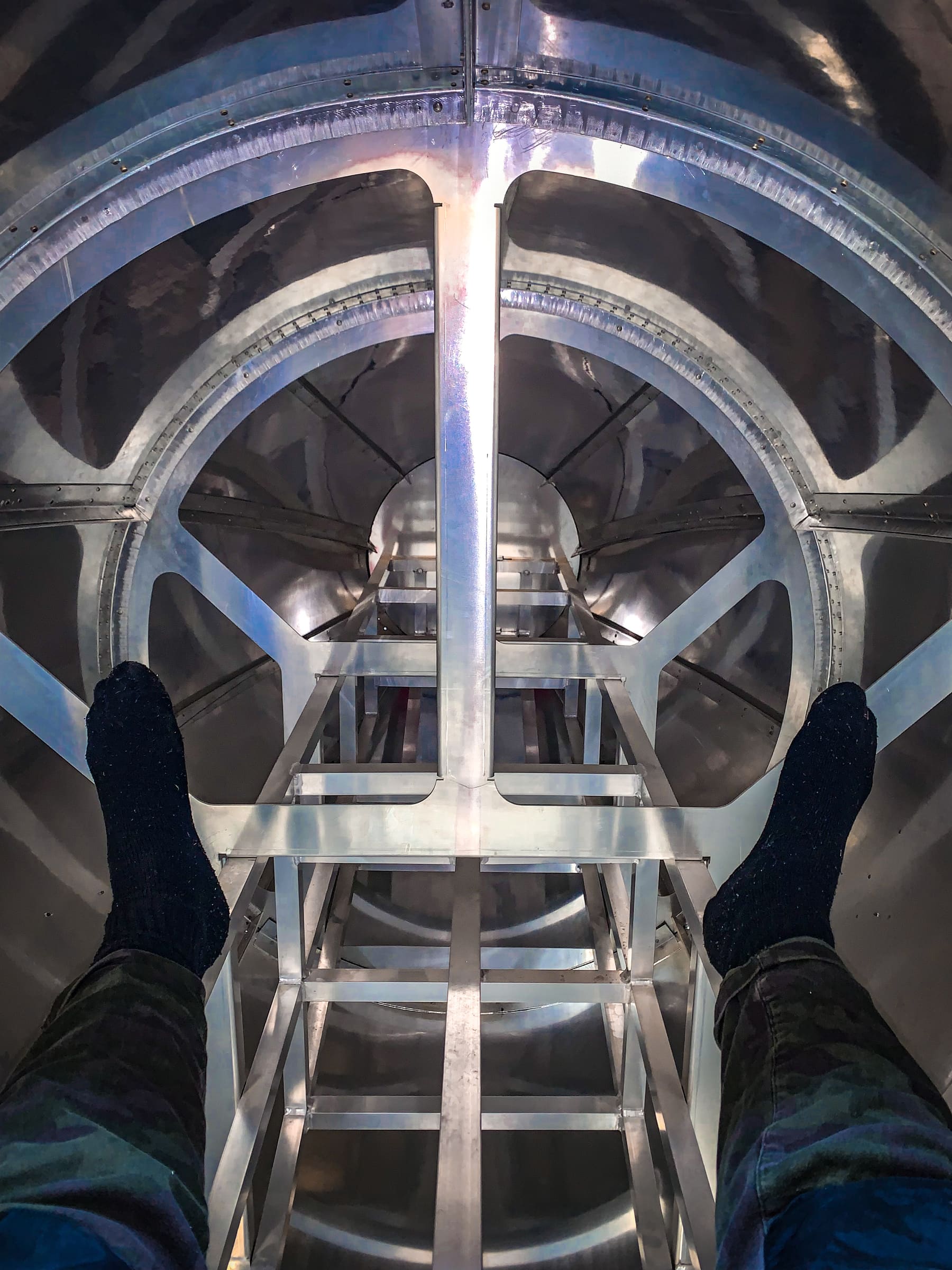 View from inside the ribbed aluminium structure of the Turbo Dolphin sculpture